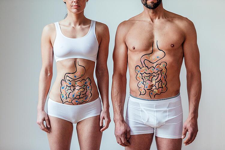 Mann und Frau mit aufgemaltem Darmsystem auf dem Bauch