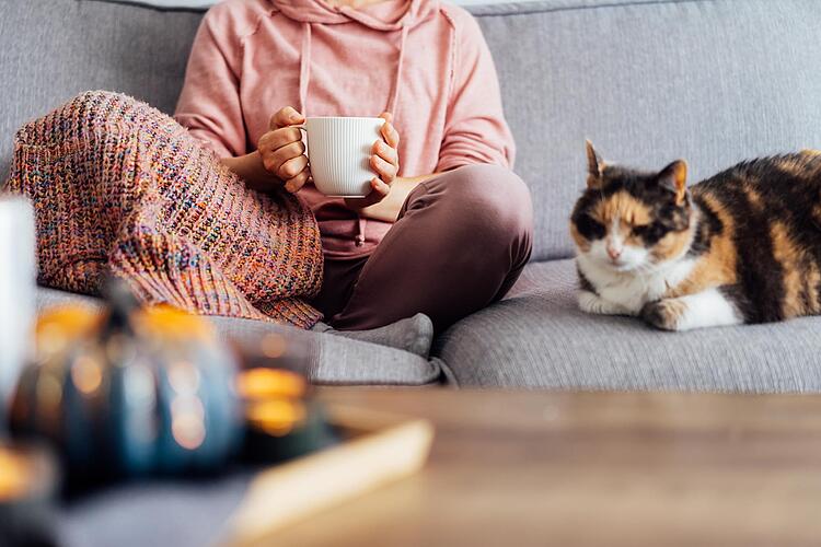 Frau sitzt mit einer Tasse Tee und einer Katze auf dem Sofa