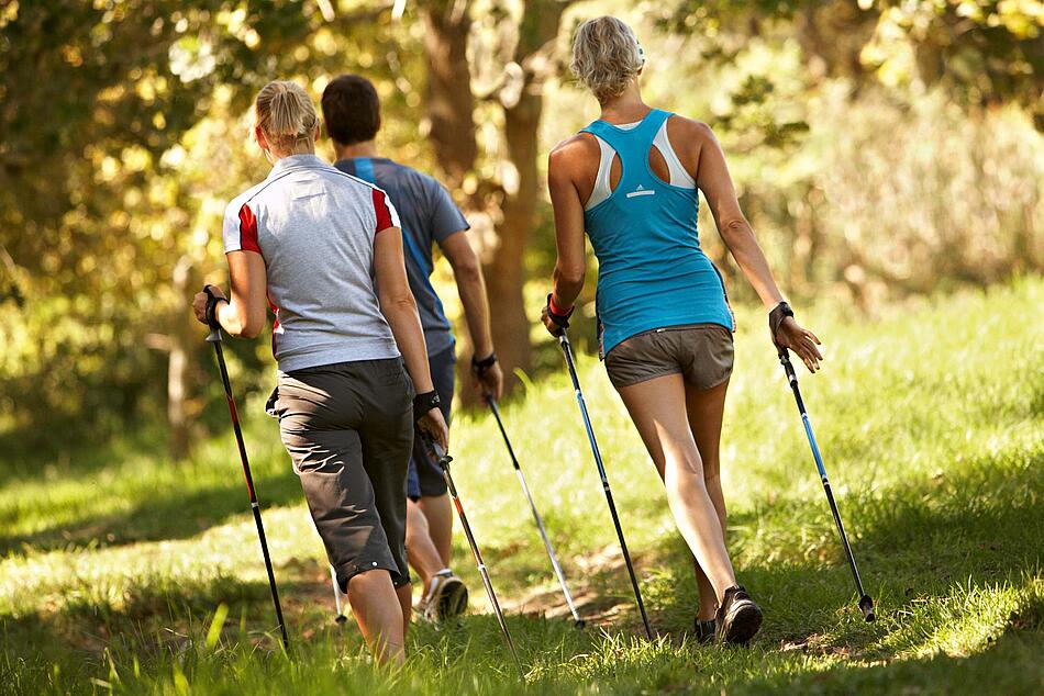 Gruppe von jungen Menschen beim Nordic Walking über eine Wiese, Ansicht von hinten.