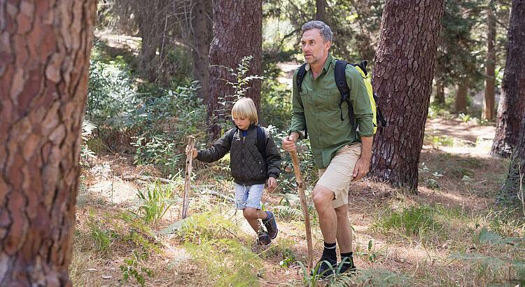 Vater und Sohn wandern durch den Wald.