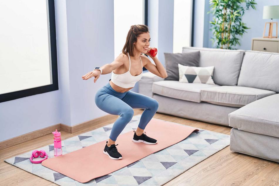 Junge Frau beim Hanteltraining zu Hause