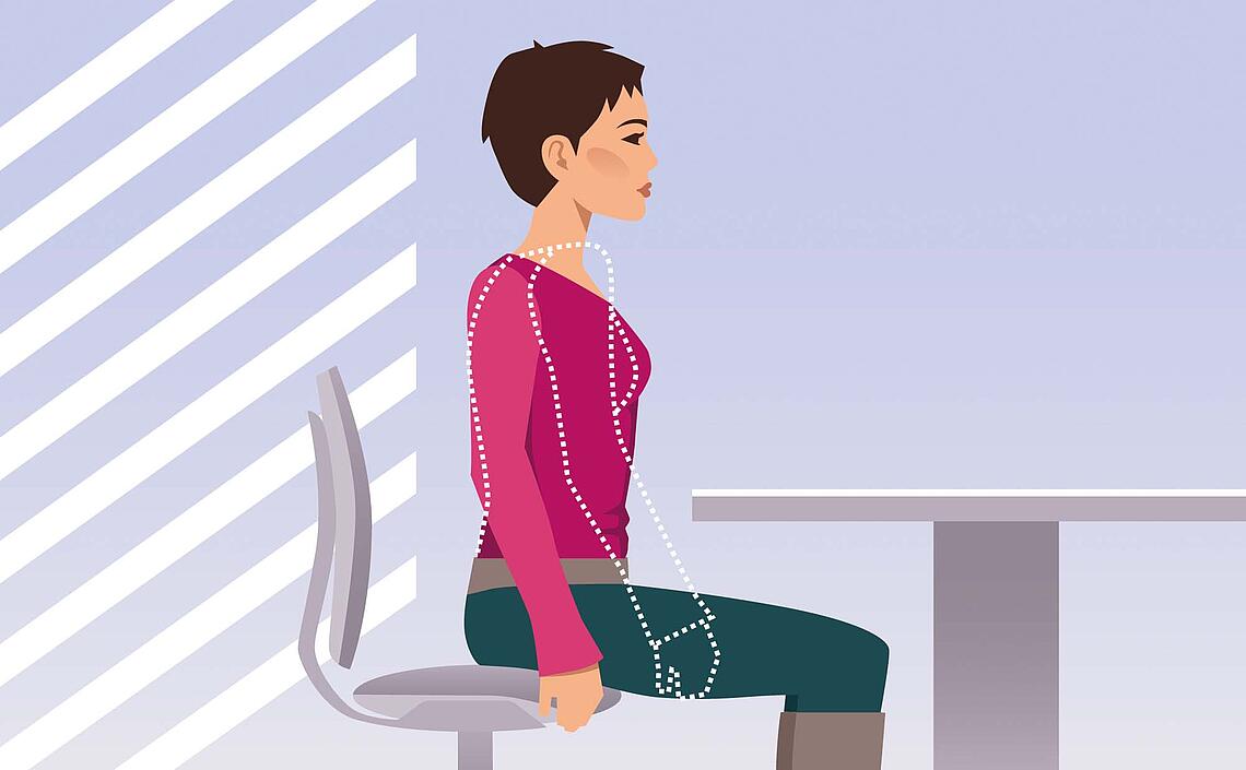 Illustration Nackenschmerzen, Übung 1: Frau sitzt aufrecht auf einem Stuhl und lässt die Schultern kreisen.