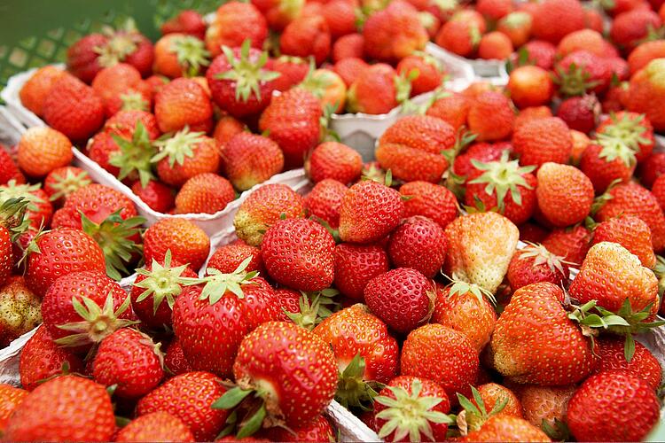 Erdbeeren in Körbchen aus Pappe.