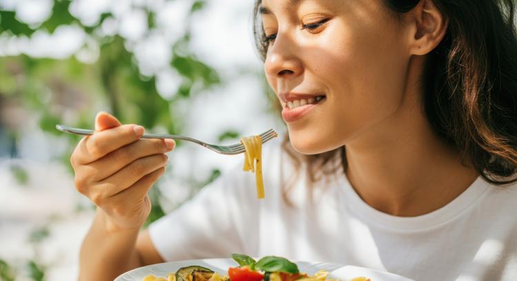 Frau isst Pasta draußen bei Sonnenschein