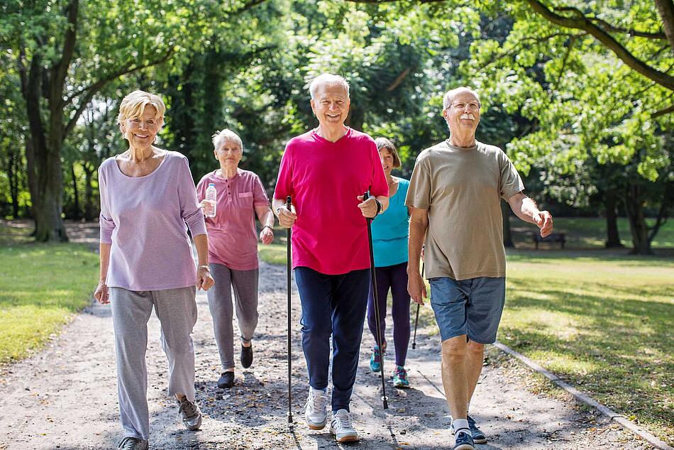Gruppe Senioren beim Nordic Walking