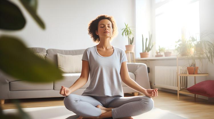 Junge Frau meditiert während einer Yogaübung zu Hause
