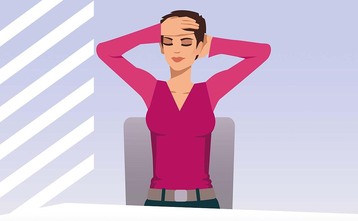 Illustration Nackenschmerzen, Übung 4: Nackenspanner, Frau legt Hände vorn und hinten an den Kopf.