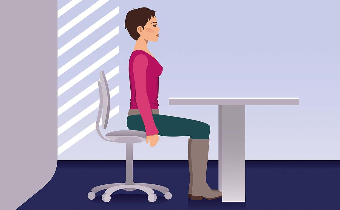 Illustration Nackenschmerzen, Übung Grundposition: Frau sitzt aufrecht am Schreibtisch.