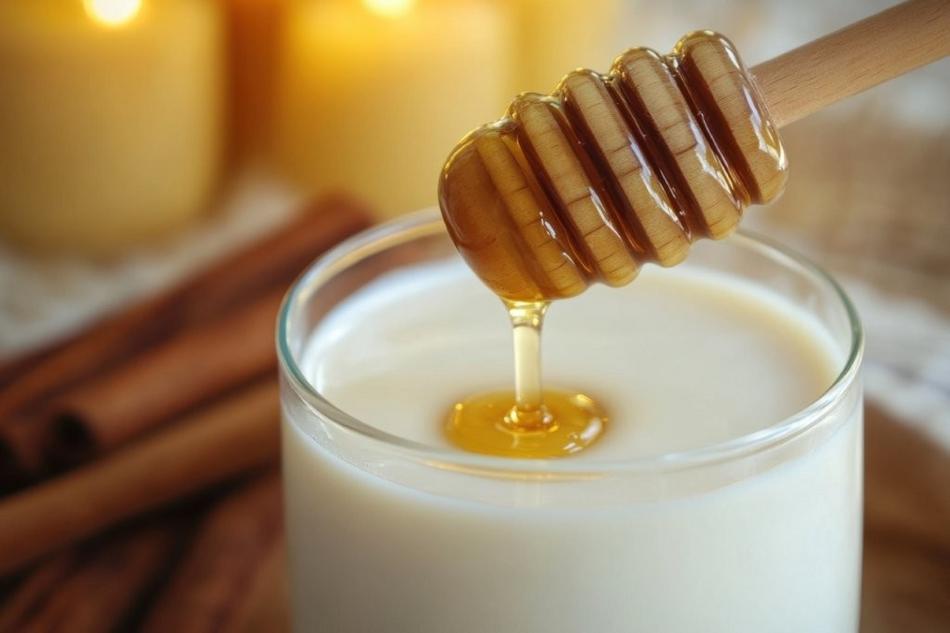 Honig tropft von einem Honiglöffel in ein Glas Milch