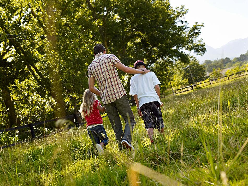 Ein Vater läuft mit seinen Kindern über eine Wiese.