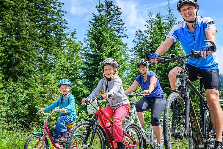 Familie mit dem Fahrrad unterwegs in der Natur