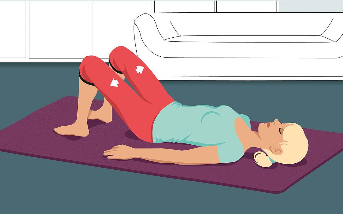 Illustration Muskelentspannung nach Jacobson, Übung 8: Beine aufstellen und Oberschenkel anspannen.