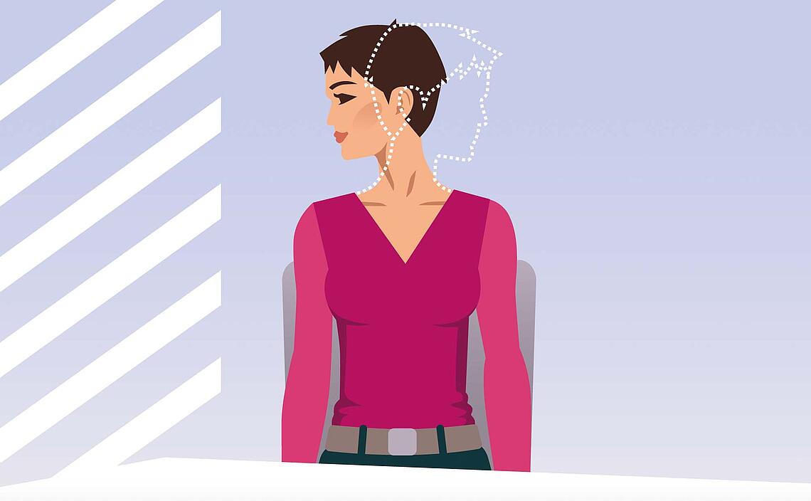 Illustration Nackenschmerzen, Übung 3: Frau sitzt auf einem Stuhl und mobilisiert die Halswirbel durch Drehen des Kopfes. 