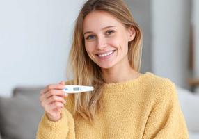 Junge Frau hält ein digitales Fieberthermometer in der Hand