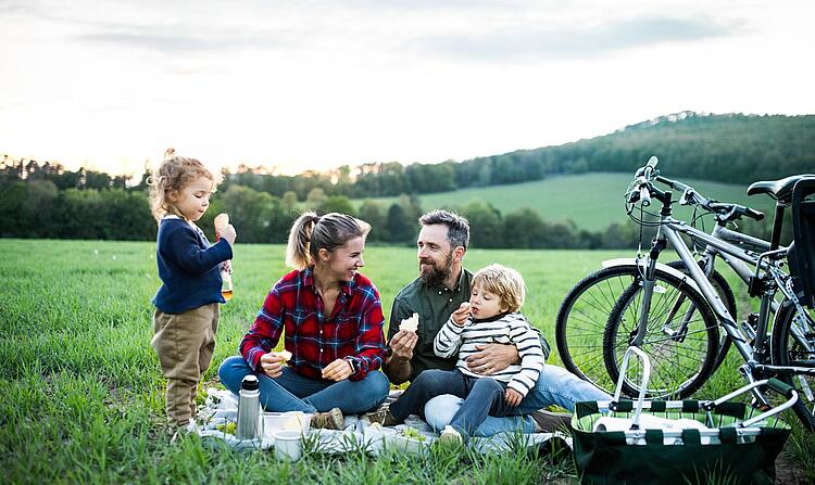 Familie macht Picknick auf einer Wiese