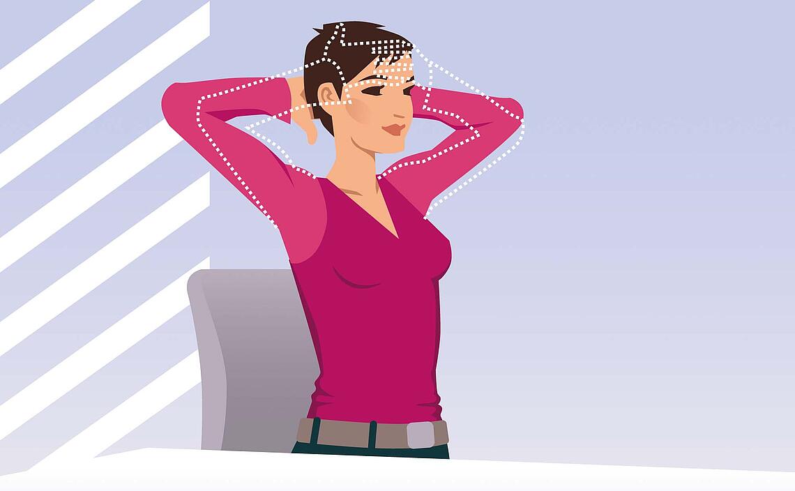 Illustration Nackenschmerzen, Übung 3: Frau sitzt auf einem Stuhl und hält die Hände vorn und hinten an den Kopf.