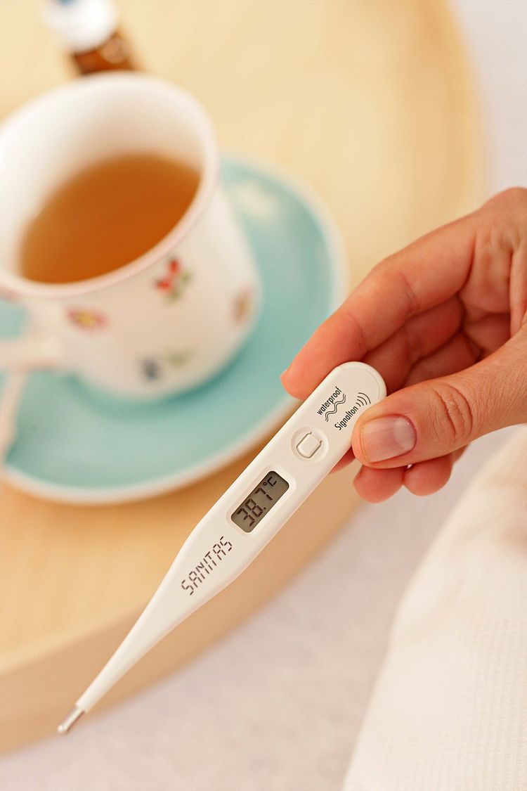 Bildnachweis: © wdv / Jan Lauer Frau hält ein digitales Fieberthermometer in der Hand.