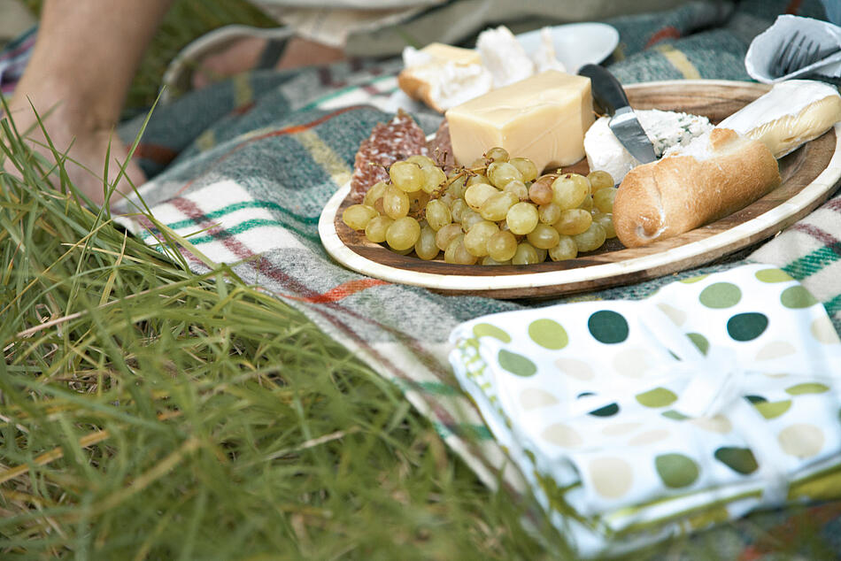 Ein Teller mit Weintrauben, Käse und Baguette auf einer Picknickdecke