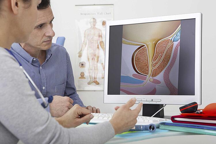 Arzt und Patient betrachten die Illustration einer Prostata auf dem Computer