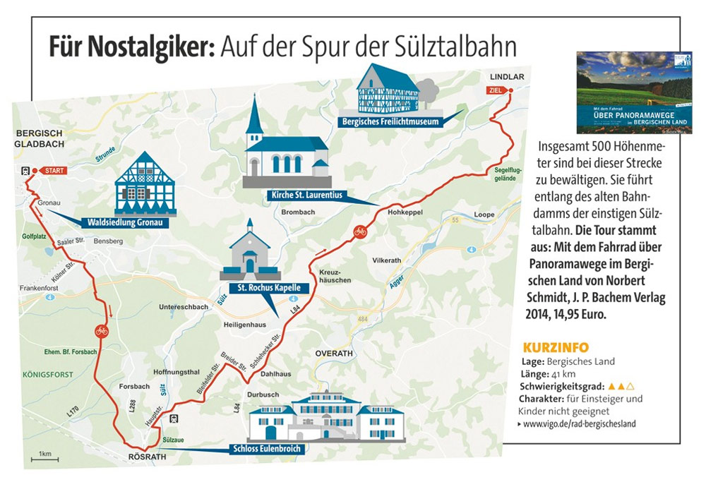 Karte einer Radtour durch das Bergische Land vom klartext-Verlag.