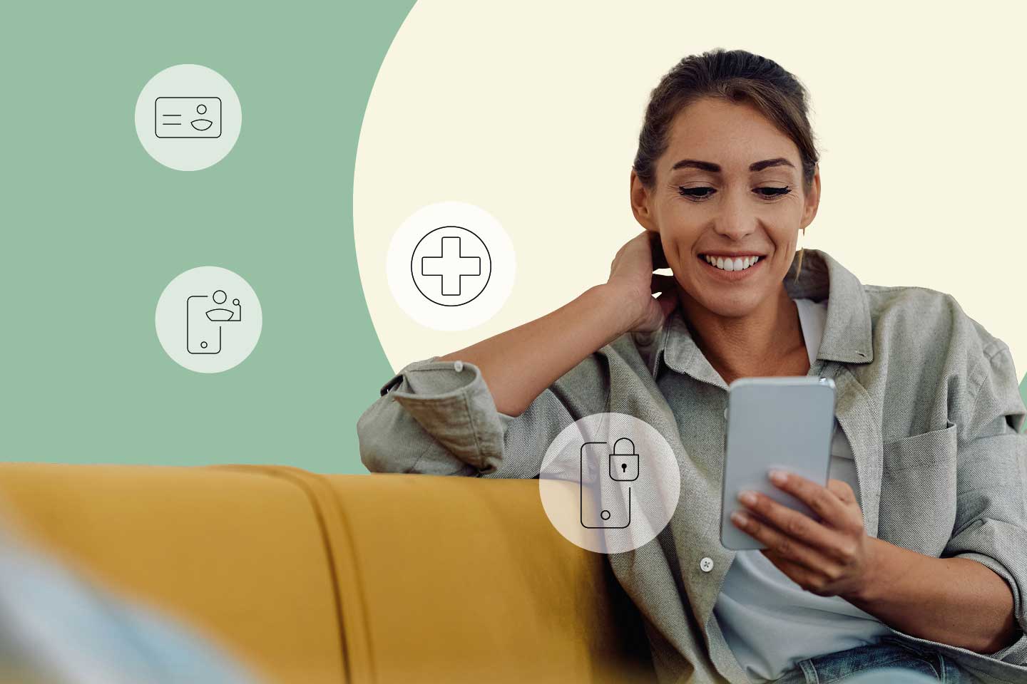 GesundheitsID - Frau auf dem Sofa schaut auf ihr Smartphone